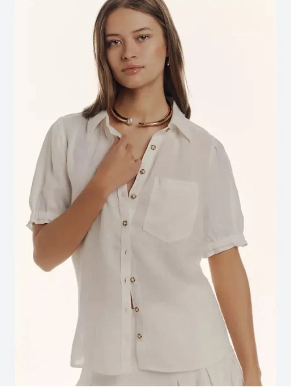 Pilcro Anthropologie White Linen Puff-Sleeve Button Front Blouse